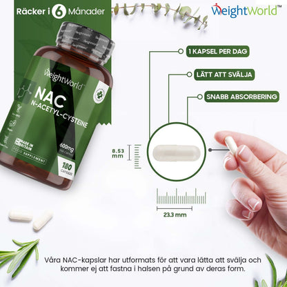 Bild på en burk med WeightWorlds N-acetylcystein (NAC) tillsammans med en kapsel med måttuppgifter