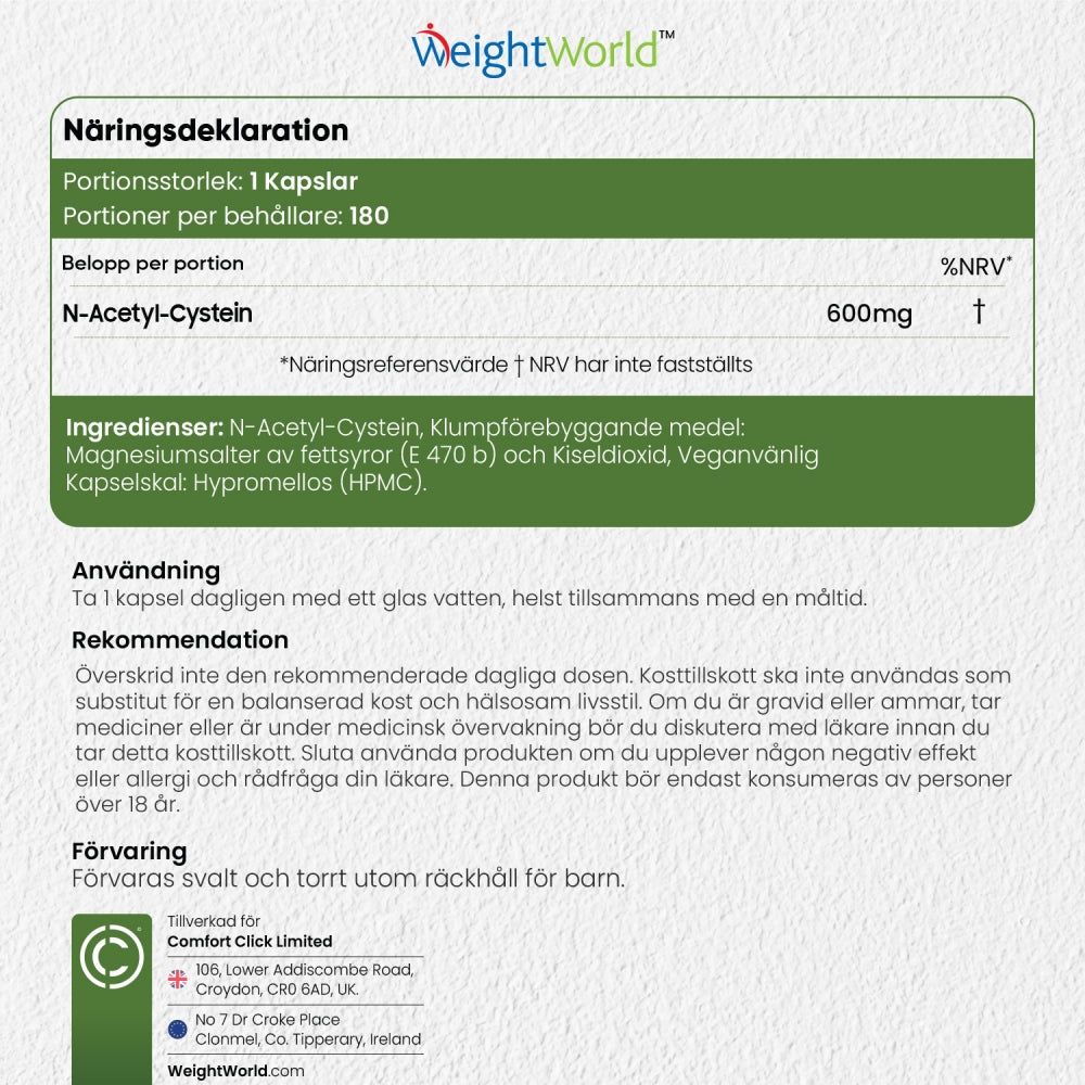Innehållsförteckningen för WeightWorlds N-acetylcystein (NAC)