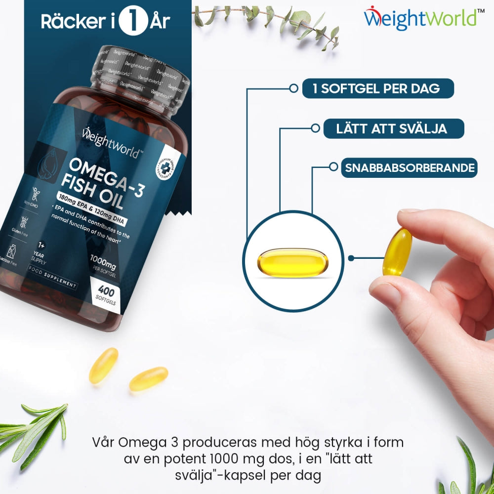En bra bild på WeightWorlds fiskolja med omega 3 och en bild på hur stor en av fiskoljekapsel är