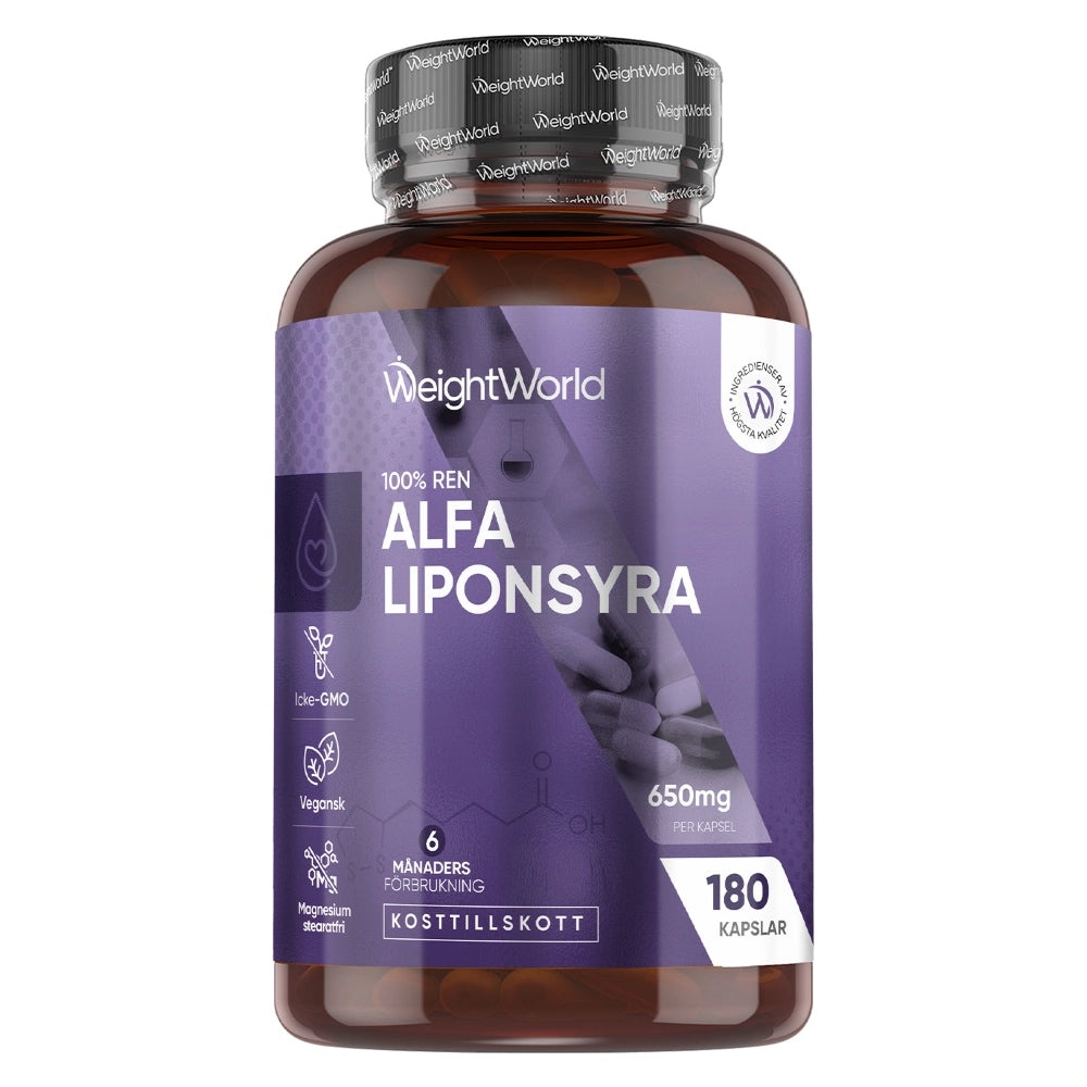 Alfaliponsyra 650 mg-kapselburk med 180 kapslar, etikett framåt.