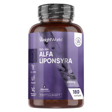 Alfaliponsyra 650 mg-kapselburk med 180 kapslar, etikett framåt.