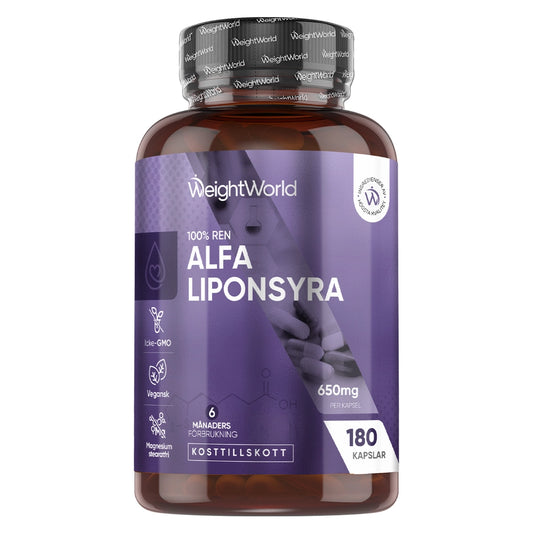 Alfaliponsyra 650 mg-kapselburk med 180 kapslar, etikett framåt.