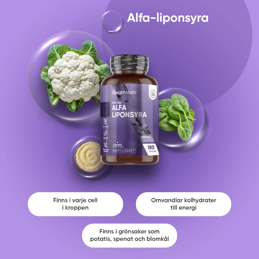 Alfaliponsyra 650 mg-kapselburk med blomkål och gröna blad runt omkring.