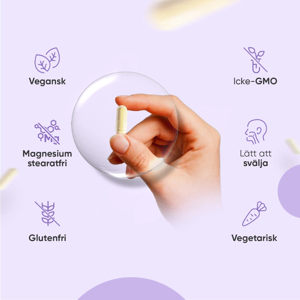 Kapsel i hand med veganska och glutenfria symboler för Alfaliponsyra.