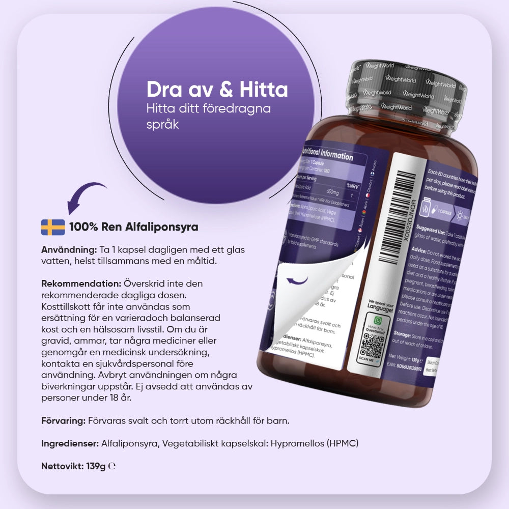 Alfaliponsyra 650 mg-kapslar i burk, baksidestext om användning och förvaring.
