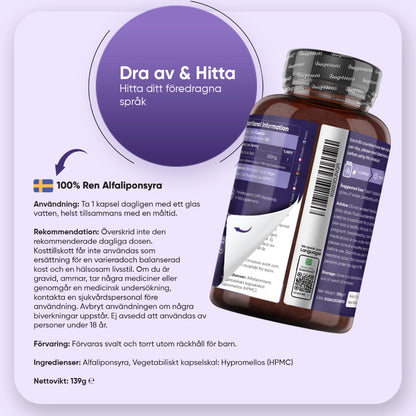 Alfaliponsyra 650 mg-kapslar i burk, baksidestext om användning och förvaring.