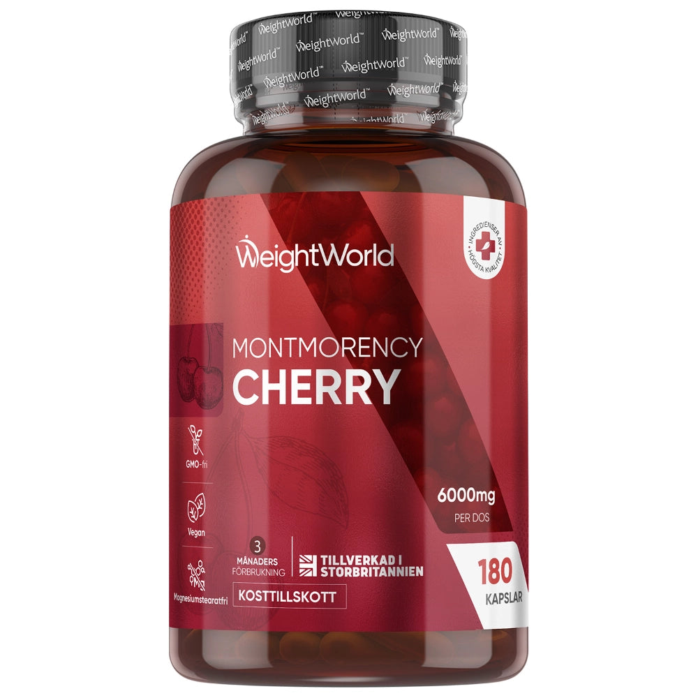 WeightWorld Montmorency-körsbär kapslarflaska med röd etikett och svart lock
