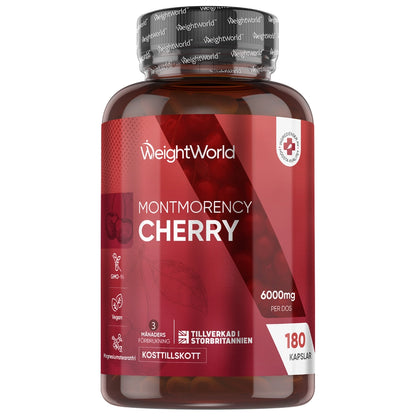 WeightWorld Montmorency-körsbär kapslarflaska med röd etikett och svart lock