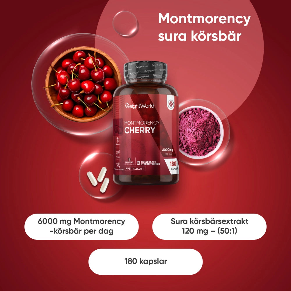 Montmorency körsbärskapslar i flaska med bär och pulver, 6000 mg och 180 kapslar