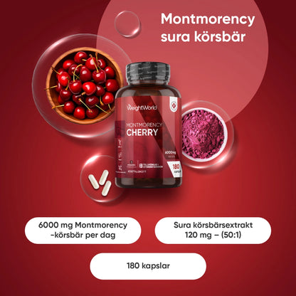 Montmorency körsbärskapslar i flaska med bär och pulver, 6000 mg och 180 kapslar