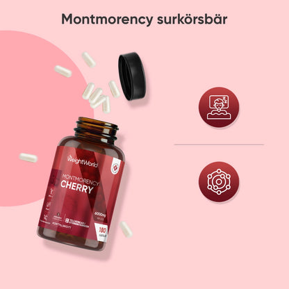 Montmorency surkörsbärskapslar: flaska med vita kapslar och öppet lock