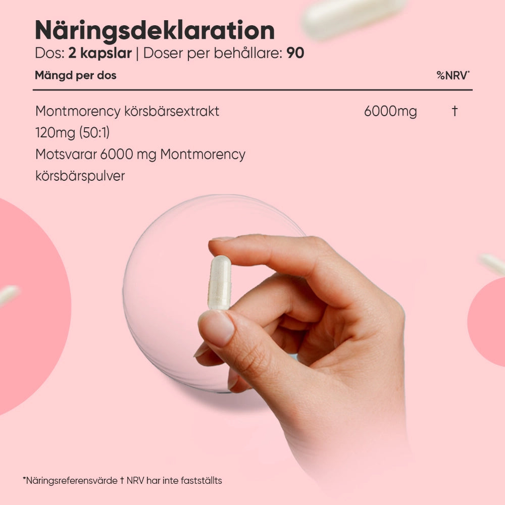 Montmorency körsbärskapslar näringsdeklaration, 6000 mg per dos, 180 kapslar