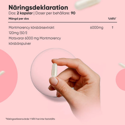 Montmorency körsbärskapslar näringsdeklaration, 6000 mg per dos, 180 kapslar
