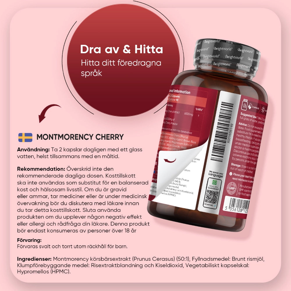 Montmorency körsbärskapslar bruksanvisning på baksidan med flaska och textfält