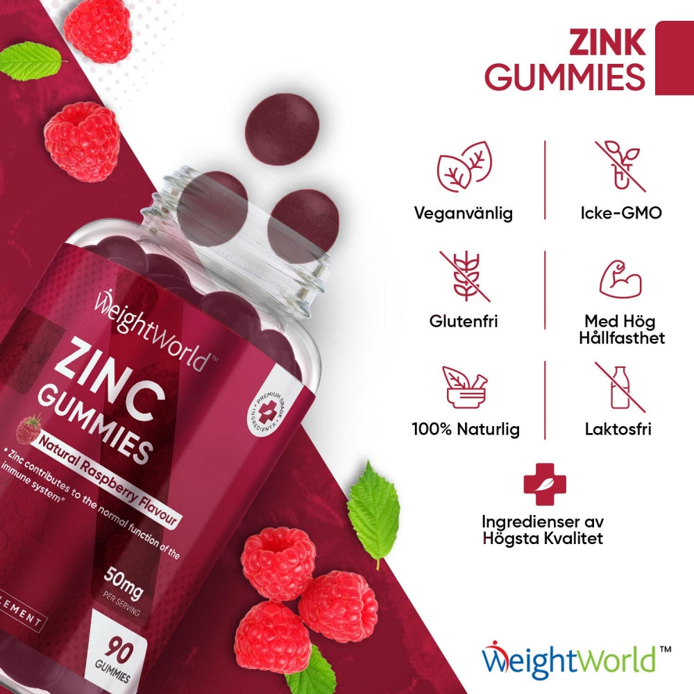 En bild på en öppnad burk av WeightWorlds Zink Gummies samt information om produktens allergier